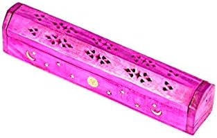 POSHNPRETTY Handmade Celestial Coffin Wooden Incense Box Burner with Brass Inlay (Pink)