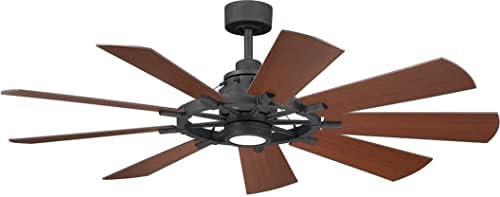Kichler Gentry 60 in 9-Blade Outdoor Ceiling Fan with Light, DC Motor Vintage Farmhouse Windmill Style with Etched Cased Opal Glass in Distressed Black, 300260DBK