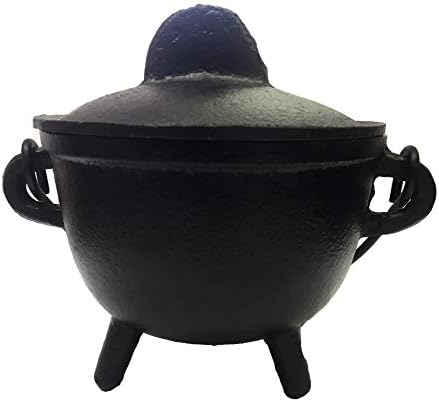 New Age Imports, Inc. Cast Iron Cauldron w/handle & lid, ideal for smudging, incense burning, ritual purpose, decoration, halloween decoration, candle holder, etc. (Pot Style 4" Dia (BR90))