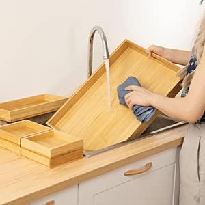 Wood Serving Tray with Handle, Set of 7 Nesting Rectangular Trays for Party | 4 Sizes Tray-Snacks to Entrees,Decorative Serving Platter for Breakfast Bed,Lunch,Ottoman,Coffee Table,BBQ-Great for Lap&Sofa