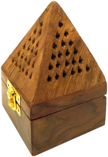 Handmade Wooden Classic Mughal Inspired Pyramid Incense Cone Dhoop Burner Holder with Top Cone Shape Incense Burner Box