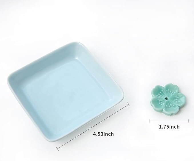 Japanese Ceramic Handmade Cute Cherry Blossom Incense Stick Holder or Incense Burner Holder, Simply Unique Ash Catcher Inscent Tray and Decorative Gift, Home Decor 4.49 inches, Square Blue