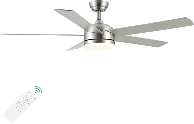 YUHAO 60 Inch Brushed Nickel Ceiling Fan with Light and Remote Control.Noiseless,Dimmable,3CCT,6 Speeds Reversible, DC Ceiling Fans for Indoor or Covered Outdoor Use.ETL Listed