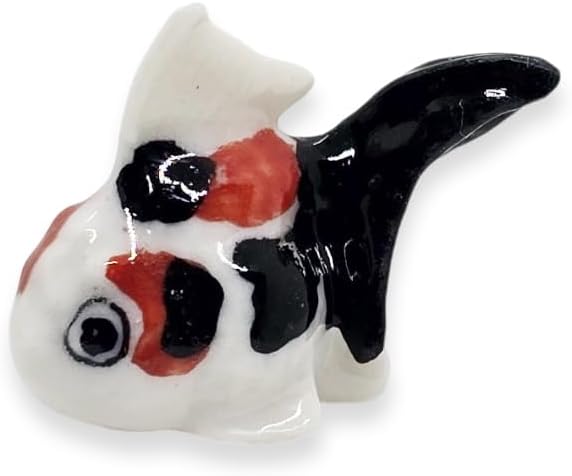 WitnyStore Tiny ⅞ Inch Black White Red Oranda Goldfish Figurine - Miniature Hand Made Painted Ceramic Ryukin Fantail Gold Fish Aquarium Animals Cute Porcelain Decorative Collectible Figure Décor Gifts