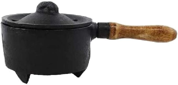 CircuitOffice Wood Handle Cast Iron Cauldron Burner, 2.5" Diameter, for Burning Smudging, Cone or Granular or Charcoal Incense, Rituals, Altars, Wicca, Pagan