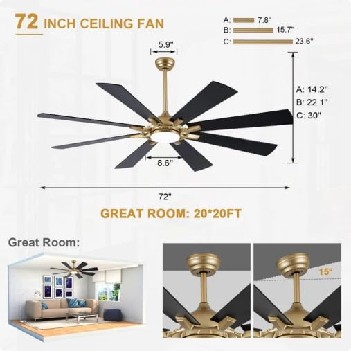 Bella Depot 72" Black and Gold Ceiling Fan with Light & Remote | Large Ceiling Fan Dimmable LED Light, 3CCT, 6-Speed Quiet DC Motor Indoor Chandelier Fan for Bedroom Living Room Patio