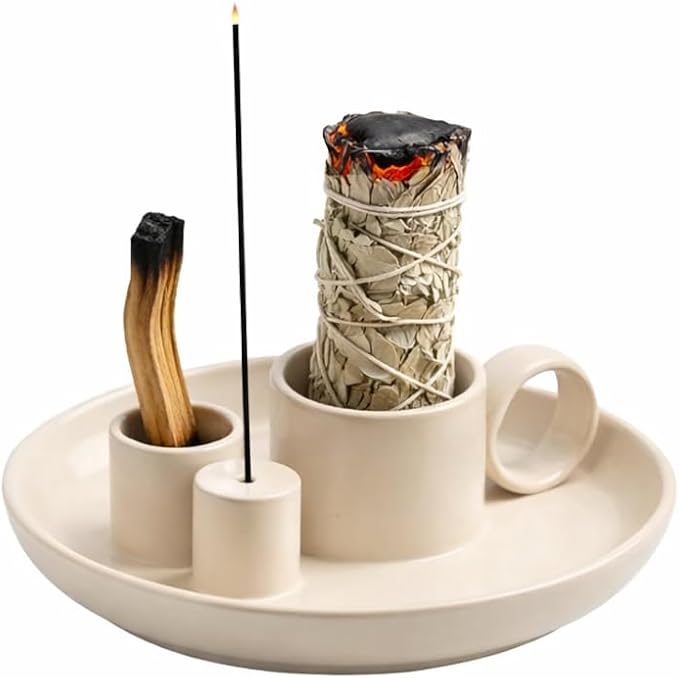 Palo Santo Holder, Sage Holder for Burning, Palo Santo Holder and Incense Burning, Sage Holder for Burning Bowl with Sage Tray, Ash Catcher for Smudging & Meditation, White