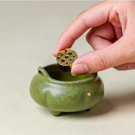 Hermit Life Incense Burner with 9 Holes Stick Holder, Lotus Bud or Tripod Ding Shape Design and Matte Ceramic Surface for Home Décor, Incense Stick Holder with Ash Catcher (Green Tripod Ding)