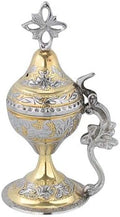 Handmade Solid Brass Orthodox Christian Tabletop Censer Incense Burner with Engraved Cross – 5.5 in (14 cm) - Silver and Gold Color (7698-gn/1)