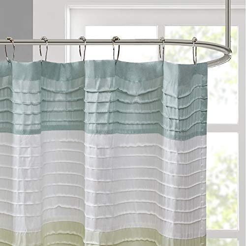 Madison Park Amherst Bathroom Shower Curtain Faux Silk Pieced Striped Modern Microfiber Bath Curtains, 72x72 Inches, Green