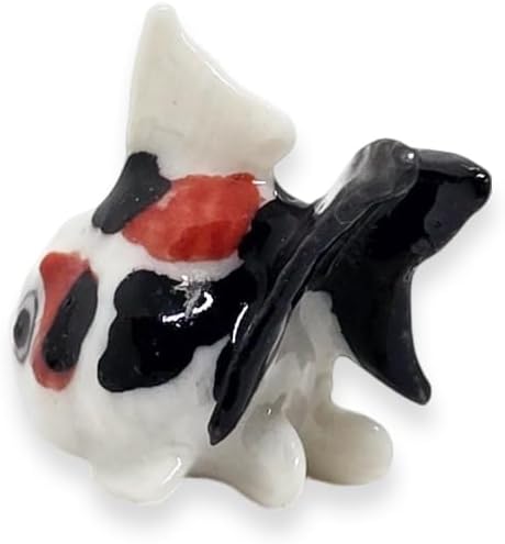 WitnyStore Tiny ⅞ Inch Black White Red Oranda Goldfish Figurine - Miniature Hand Made Painted Ceramic Ryukin Fantail Gold Fish Aquarium Animals Cute Porcelain Decorative Collectible Figure Décor Gifts