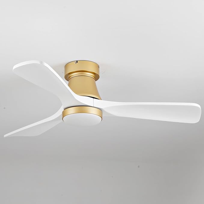42 Inch Gold Ceiling Fan with Lights, Remote Control, Flush Mount, Dimmable, Reversible,Wood Blades, Power-Off Memory, Quiet DC Motor, Modern Hugger Ceiling Fan for Indoor Outdoor Gold White