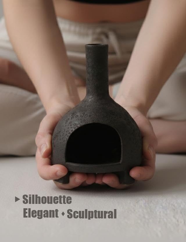 Sculptural Ceramic Incense Holder & Burner, Handmade Textured Clay with Black Glaze, for Sage & Palo Santo, Rustic Natural Decor for Wabi-Sabi Yoga & Meditation