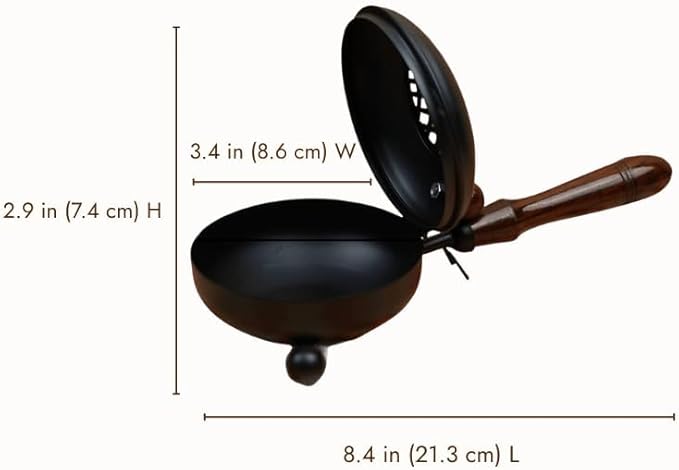 ServDharm Incense Holder Metal Black (3.4” Diameter) | Incense Burner with Wooden Handle | Loban Dhoop Holder for Home Decor, Puja, Meditation, Yoga, Spa and Gifting