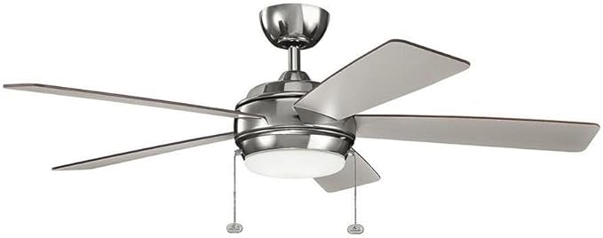 Kichler Starkk 52 in 5-Blade Ceiling Fan with LED Light, Modern Indoor Fan with Etched Cased Opal Glass in Polished Nickel, Reversible Silver and Walnut Blades, 330174PN