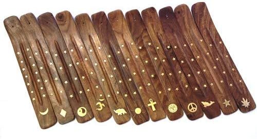 Incense Garden Wooden Incense Holder for Sticks with Inlays of Brass 10 inches Long Assorted Styles