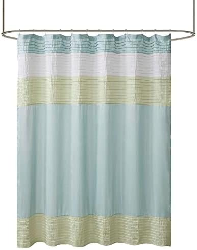 Madison Park Amherst Bathroom Shower Curtain Faux Silk Pieced Striped Modern Microfiber Bath Curtains, 72x72 Inches, Green