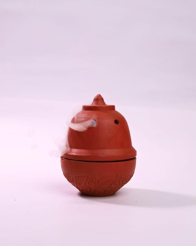 Traditional Clay Sambrani Dhoop Incense Holder, Terracotta Red, Decorative Bowl Shape with Lid, for Home Temple Pooja