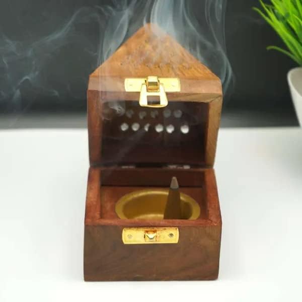 Handmade Wooden Classic Mughal Inspired Pyramid Incense Cone Dhoop Burner Holder with Top Cone Shape Incense Burner Box