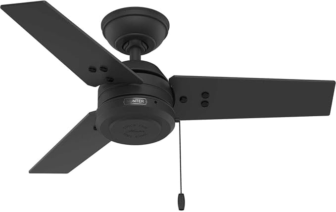 Hunter 36" Cassius Indoor/Outdoor Ceiling Fan, Pull Chain, Matte Black | Covered patios and porches get a no-light design, droop-free blades, compact scale, and easy setup for small spaces.