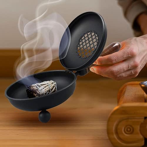 Black Iron Incense Burner with Wooden Handle and Folding Lid – Premium 4.72-Inch (Diameter) Censer for Burning Incense and Herbs on Charcoal – Elegant and Durable Design for Aromatherapy