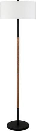 Henn&Hart 2-Light Floor Lamp with Fabric Shade in Blackened Bronze/Rustic Oak/White, Floor Lamp for Home Office, Bedroom, Living Room, 61" Tall