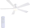 52 inch Ceiling Fans with Lights, White Flush Mount Ceiling Fan with Remote, 3CCT, LED Dimmable, Reversible, 6 Fan Speeds, Quite Low Profile Ceiling Fan with Lights Modern Bedroom Kitchen Indoor