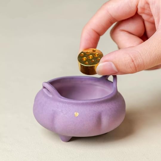 Hermit Life Incense Burner with 9 Holes Stick Holder, Lotus Bud or Tripod Ding Shape Design and Matte Ceramic Surface for Home Décor, Incense Stick Holder with Ash Catcher (Purple Tripod Ding)
