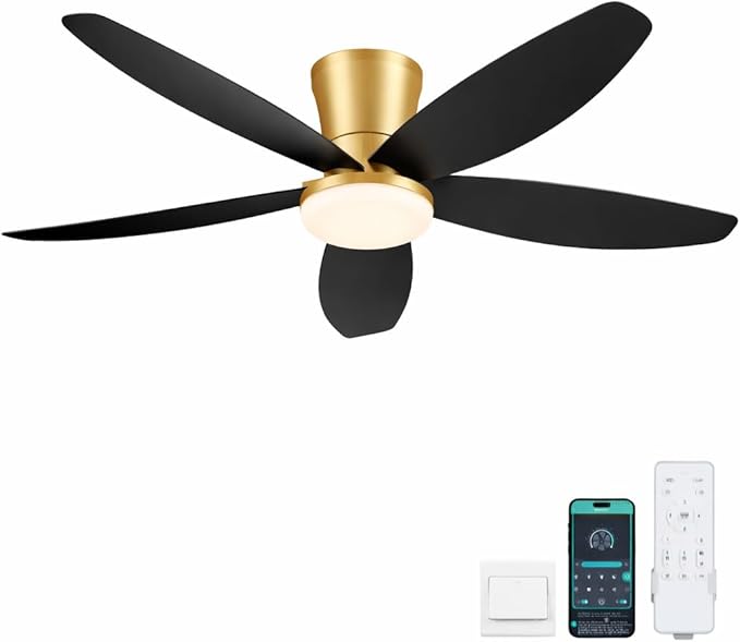 Surtime 42" Ceiling Fans with Lights-Low Profile Ceiling Fan with Light and Remote/APP Control,Flush Mount Gold Ceiling Fan with Reversible Black Blades