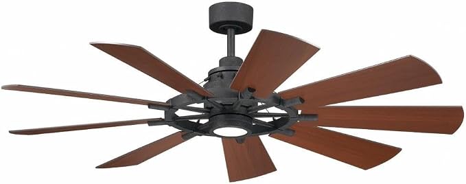 Kichler Gentry 60 in 9-Blade Outdoor Ceiling Fan with Light, DC Motor Vintage Farmhouse Windmill Style with Etched Cased Opal Glass in Distressed Black, 300260DBK