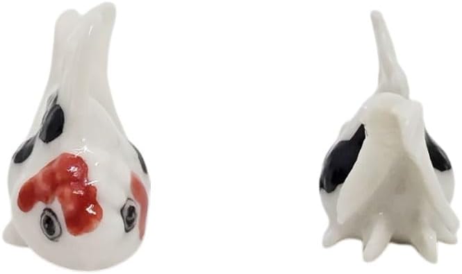 WitnyStore Tiny ⅞ Inch White Red Black Oranda Goldfish Figurine - Miniature Hand Made Painted Ceramic Ryukin Fantail Gold Fish Aquarium Animals Cute Porcelain Decorative Collectible Figure Décor Gifts