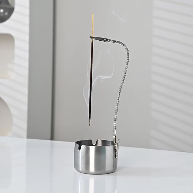 Modern Incense Holder with Flexible Metal Stand, Silver Ash Collector Base, Minimalist Design for Home Meditation and Aromatherapy.(Silver + Clip)