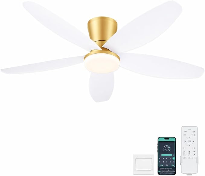 Surtime 42" Ceiling Fans with Lights-Low Profile Ceiling Fan with Light and Remote/APP Control,Flush Mount Gold Ceiling Fan with Reversible White Blades