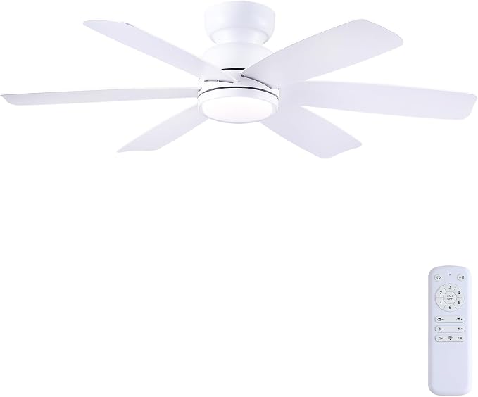 Kviflon 46 Inch Modern Ceiling Fans with Lights Remote Control, Low Profile Ceiling Fan, 6 Reversible Plastic Blades, 6 Speeds 3 CCT Dimmable LED Lights Double Lampshade for Bedroom Living Room, White