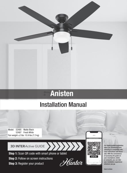 Hunter Anisten, Indoor, Ceiling Fan, with LED Light, 52 inch, Matte Black | Standard Mount, Pull Chain, 5 Blades, For Bedroom, Living Room, Includes Bulbs, 52485