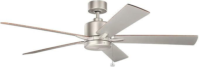 Kichler Bowen 60 in Industrial Ceiling Fan Without Light, Brushed Nickel Finish with Reversible Walnut and Silver Blades for Medium Rooms, 330243NI