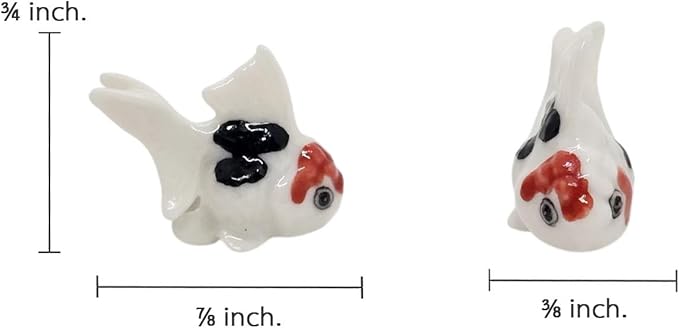 WitnyStore Tiny ⅞ Inch White Red Black Oranda Goldfish Figurine - Miniature Hand Made Painted Ceramic Ryukin Fantail Gold Fish Aquarium Animals Cute Porcelain Decorative Collectible Figure Décor Gifts