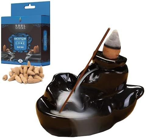 SOUL STICKS Backflow Incense Holder Burner Waterfall Fountain for Home, Office, Yoga, Room Decor & Aromatherapy with 1 Pack of 10 Backflow Fragrance Cones Included (Paradise)