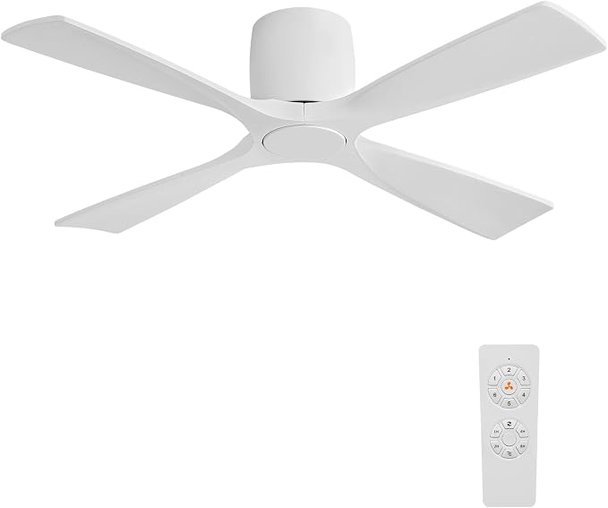 WINGBO 48 Inch Ceiling Fan Without Light, Solid Wood Flush Mount Ceiling Fan with Remote Control, Reversible DC Motor, 4 Blades, 6-Speed Quiet Performance, for Bedroom & Living Room, White