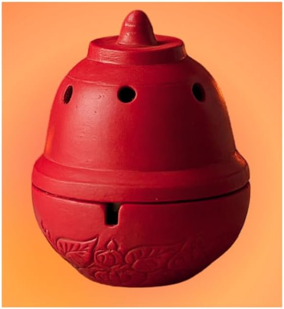 Traditional Clay Sambrani Dhoop Incense Holder, Terracotta Red, Decorative Bowl Shape with Lid, for Home Temple Pooja