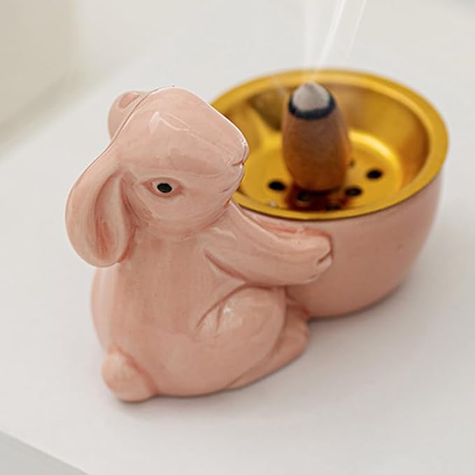 Ceramic Rabbit Incense Burner Rabbit Figurines Statue Ornament Easter Incense Sticks Holder Waterfall Arab Incense Holder for Home Decor (Pink)
