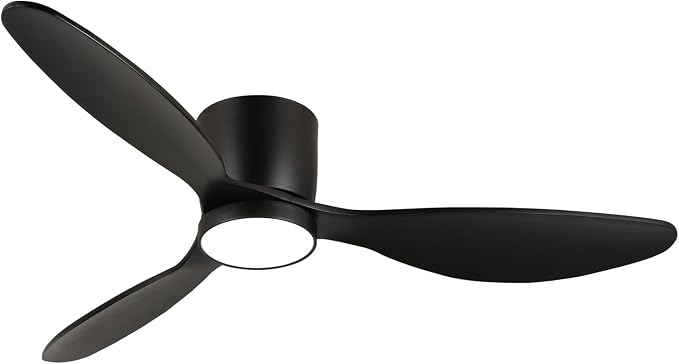 reiga 52" Low Profile Black Wood Ceiling Fan with Light, Quiet DC Fan | 3 solid wood blade, dimmable 3CCT LED light; remote timer control, flush mount for bedroom, dining & living room