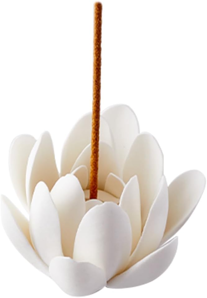 GORGECRAFT Ceramic White Lotus Incense Burner Flower Cone Incense Sticks Holder Handmade Porcelain Petals Style Coil Base Support Stand for Yoga Studio Living Room Home Fragrance Decoration
