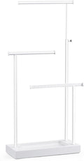 SRIWATANA White Jewelry Organizer Stand, Extra Tall 3-Tier Necklace Holder | Elegant Jewelry Tree with WoodenTray; Ideal to Organize Long Necklaces, Rings, Earrings