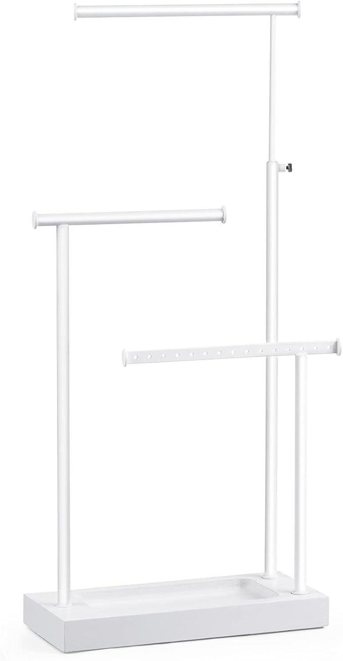 SRIWATANA White Jewelry Organizer Stand, Extra Tall 3-Tier Necklace Holder | Elegant Jewelry Tree with WoodenTray; Ideal to Organize Long Necklaces, Rings, Earrings