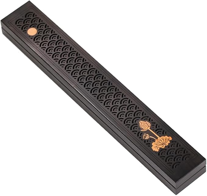 Seedlink Chinese Incense Holder for Sticks with Ash Catcher - Wooden Incense Burner Box with Storage, Ceramic Lined, Anti-Ash, for Meditation, Yoga, Home Decor (Black - Lotus Flower)