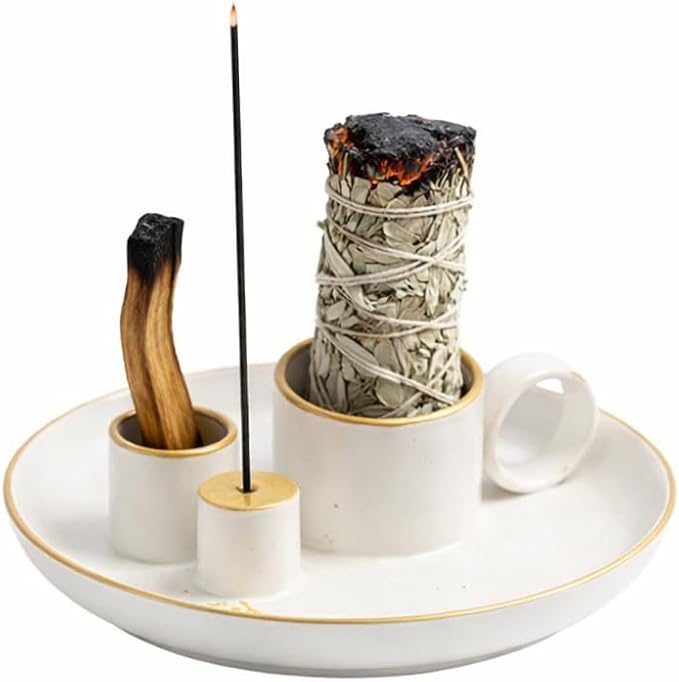 Palo Santo Holder, Sage Holder for Burning, Palo Santo Holder and Incense Burning, Sage Holder for Burning Bowl with Sage Tray, Ash Catcher for Smudging & Meditation, Gold
