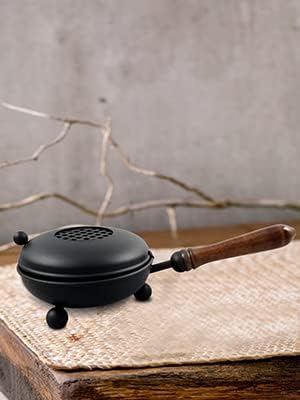 Black Iron Incense Burner with Wooden Handle and Folding Lid – Premium 4.72-Inch (Diameter) Censer for Burning Incense and Herbs on Charcoal – Elegant and Durable Design for Aromatherapy