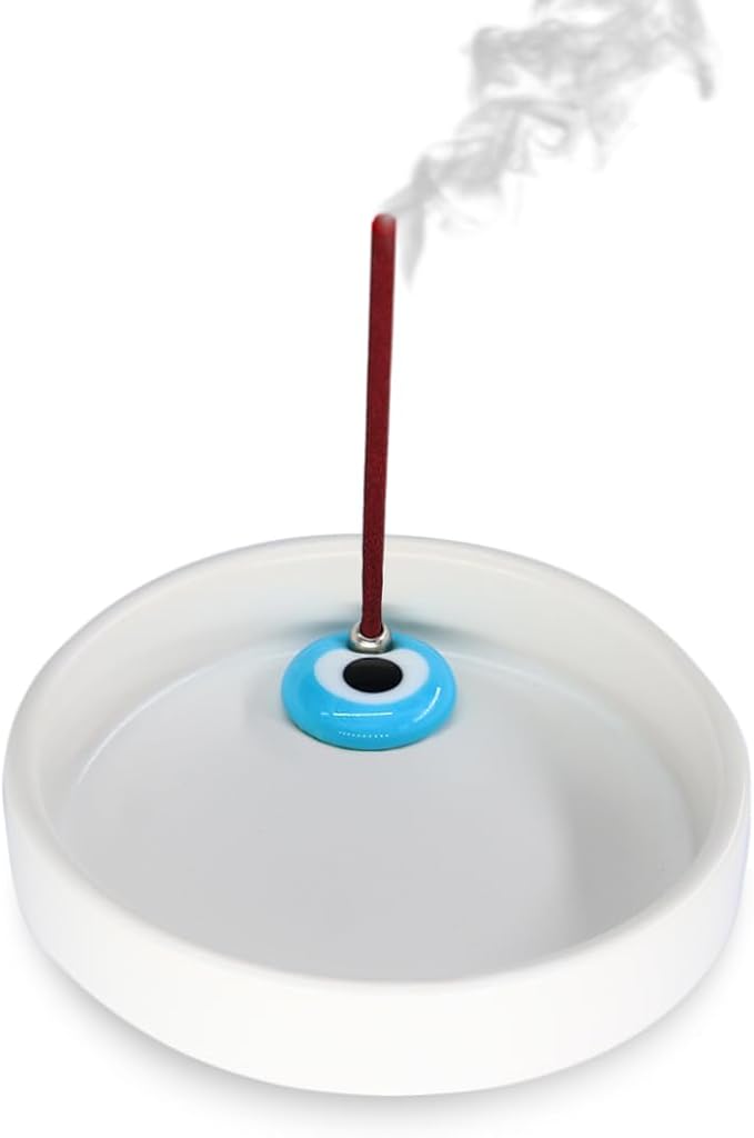 Sermo Evil Eye Ceramic Incense Holder Burner (White with Blue Evil Eye)