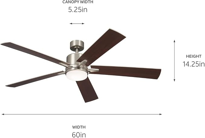 Kichler Lucian Elite XL 60 in Ceiling Fan with Light, Modern Indoor Fan with Etched Cased Opal Glass and Brushed Nickel Finish for Bedroom or Living Room, 330060NI